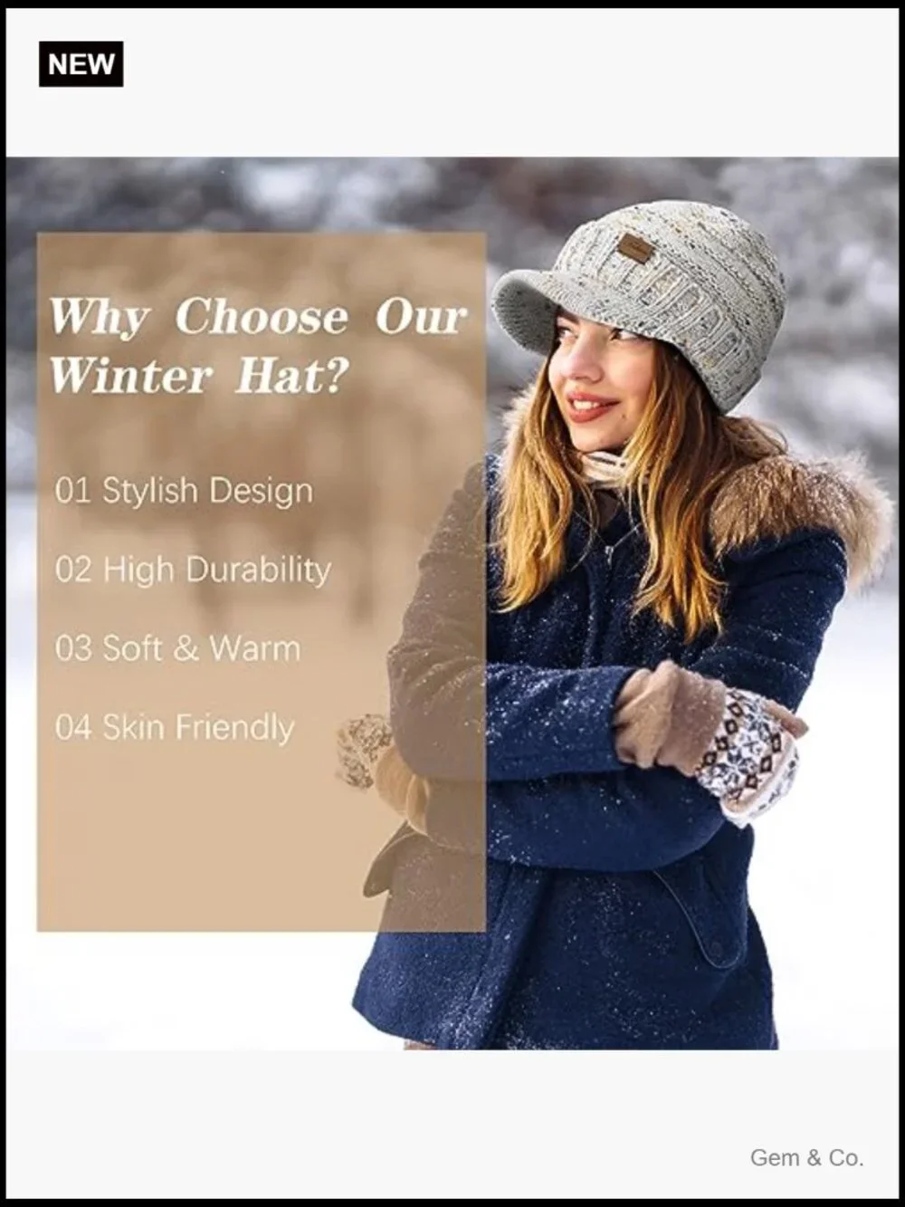 Women's Knit Beanie Hat with Visor - Warm Stretch Winter Hat
